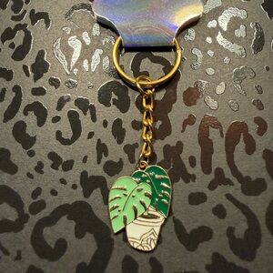 Handmade Monstera Plant Keychain Gold Tone Tropical Charm